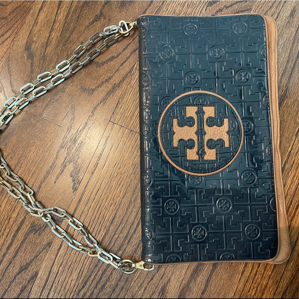 Tory Burch Clutch Logo Fold Over Navy Leather Shoulder Bag